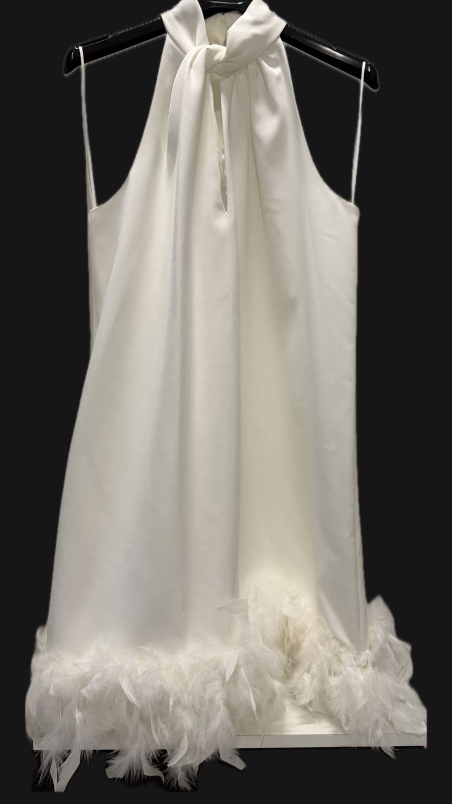 White Feather-Trim Halterneck Mini Dress – UK 10 – Never Worn