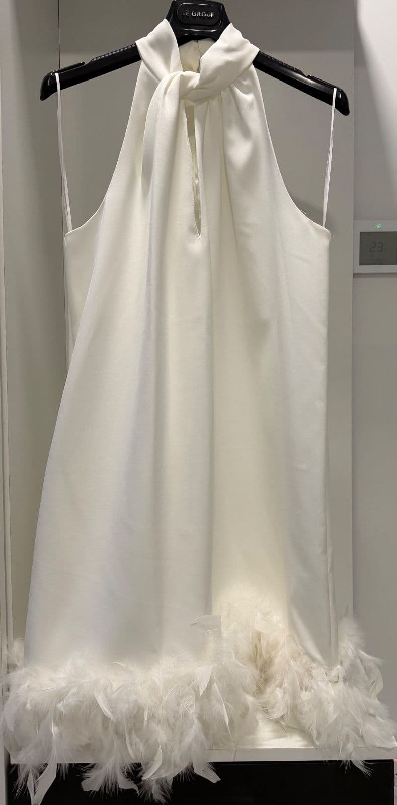White Feather-Trim Halterneck Mini Dress – UK 10 – Never Worn