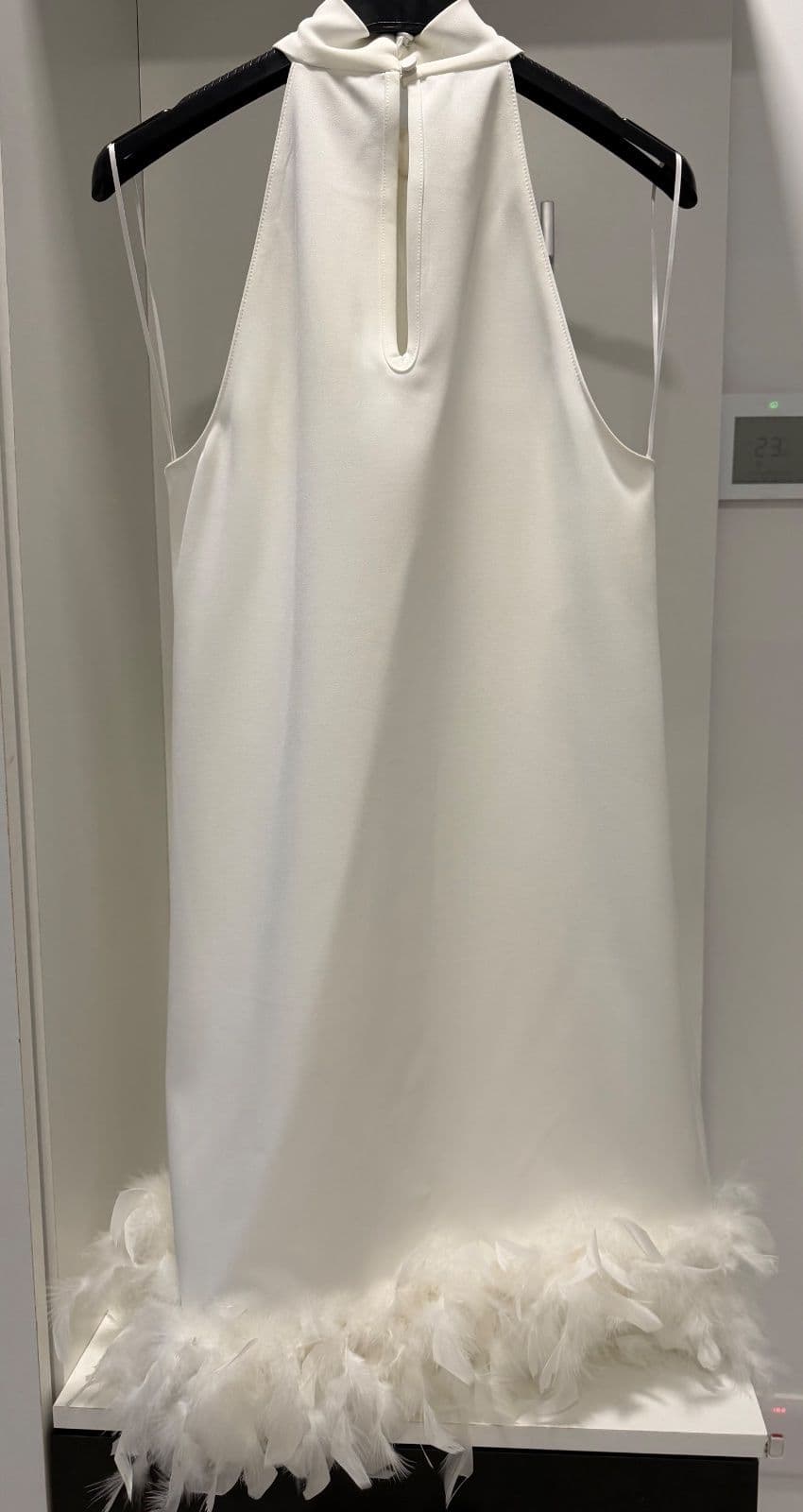 White Feather-Trim Halterneck Mini Dress – UK 10 – Never Worn